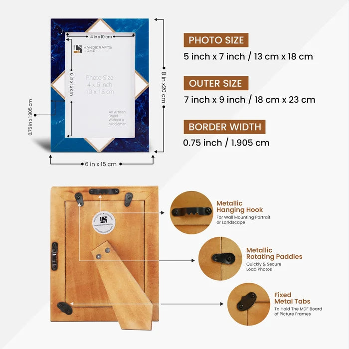 Handmade Picture Frame Menton Pattern Brass & Resin Inlay Blue – 3 Sizes, for tabletop or wall display
