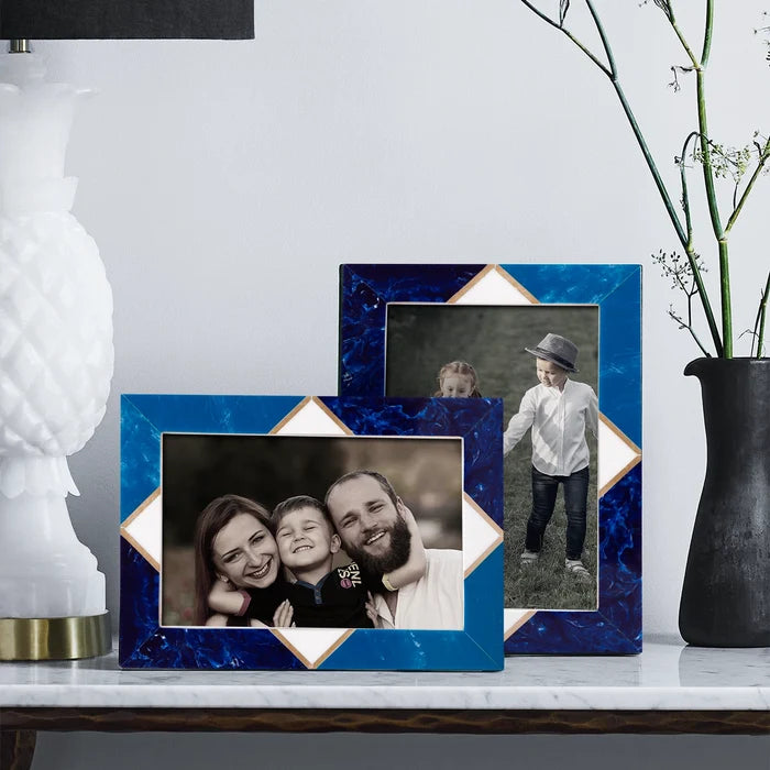 Picture Frame Menton Pattern Brass & Resin Inlay Blue – 3 Sizes