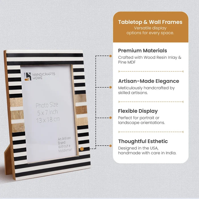 Handmade Picture Frame Stripewood Collection Wood & Resin Inlay Black & White – 4x6 & 5x7", for tabletop or wall display