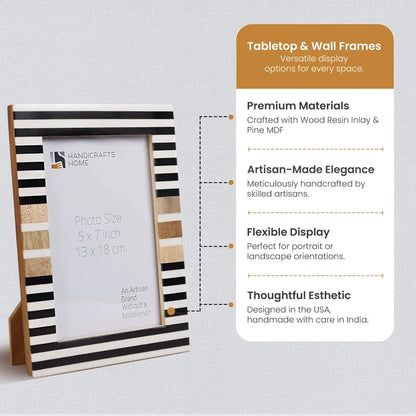 Handmade Picture Frame Stripewood Collection Wood & Resin Inlay Black & White – 4x6 & 5x7", for tabletop or wall display
