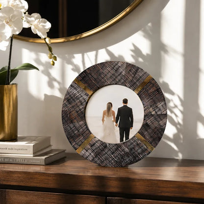 Picture Frames Round Shaped Classic Horn & Brass Inlay, 4" x 4"