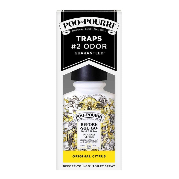 Poo~Pourri Original Citrus Toilet Spray 2oz boxed: Lemon + Bergamot + Lemongrass | Poo-pourri box is black and white with yellow accents. Before you go toilet spray.