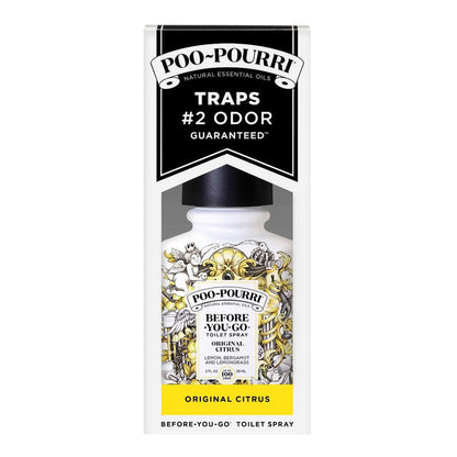 Poo~Pourri Original Citrus Toilet Spray 2oz boxed: Lemon + Bergamot + Lemongrass | Poo-pourri box is black and white with yellow accents. Before you go toilet spray.