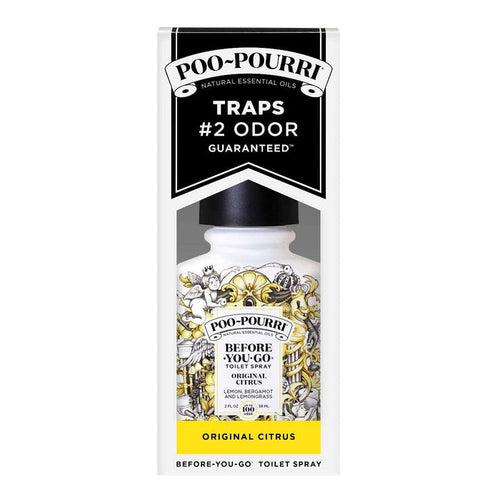Poo~Pourri Original Citrus Toilet Spray 2oz boxed: Lemon + Bergamot + Lemongrass | Poo-pourri box is black and white with yellow accents. Before you go toilet spray.