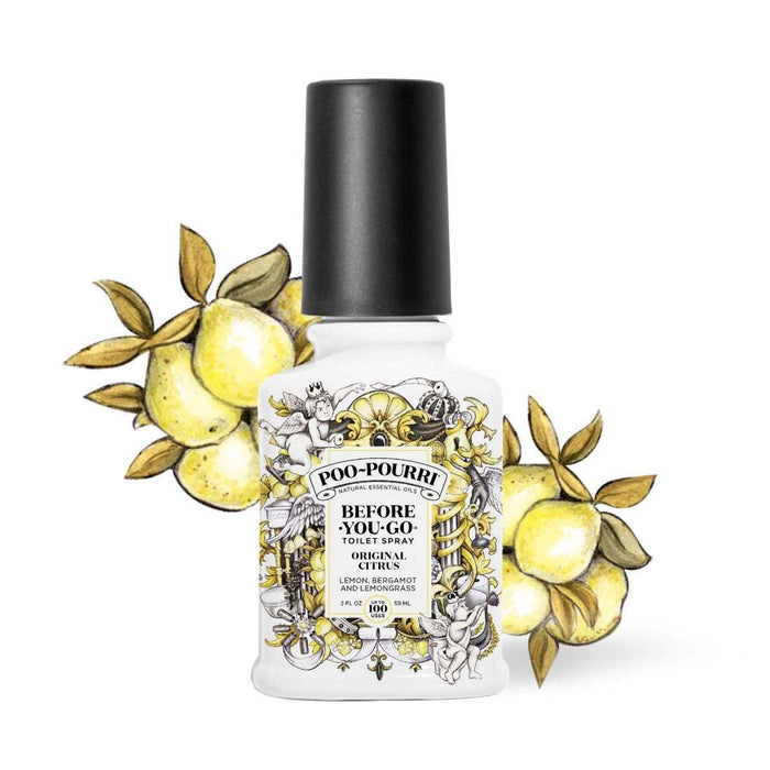 Poo~Pourri Original Citrus Toilet Spray 2oz boxed: Lemon + Bergamot + Lemongrass | Poo-pourri bottle with a lemon illustration in the background.