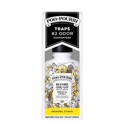 Poo~Pourri Original Citrus Toilet Spray 4oz.: Lemon + Bergamot + Lemongrass | A white, black, and yellow package.