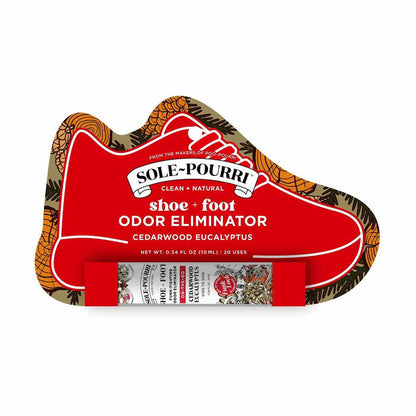 Sole~Pourri Shoe + Foot Odor Eliminator Spray Cedarwood 10mL | A shoe shaped package with a travel size spray bottle.