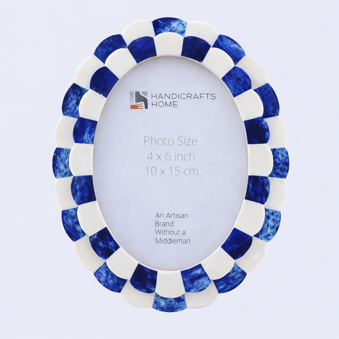 Handmade Pre Order Oval Picture Frames Scallop Art Inspired Collection Bone Inlay, Blue, 4" x 6"