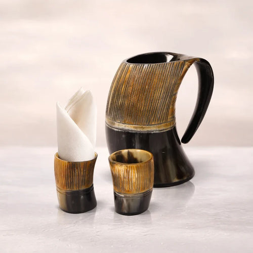 Handmade Real Buffalo Drinking Horn Viking Mug & Shot Glass Gift Set in buffalo horn, for whiskey and spirits