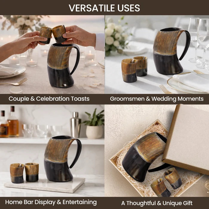 Real Buffalo Drinking Horn Viking Mug & Shot Glass Gift Set