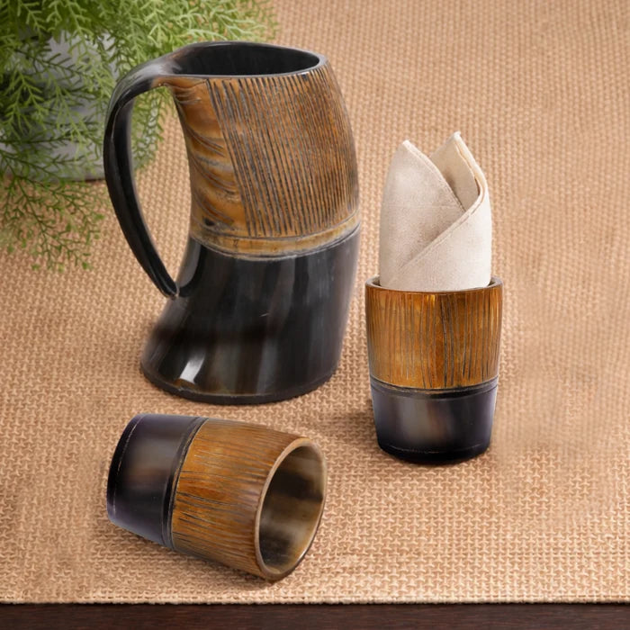 Real Buffalo Drinking Horn Viking Mug & Shot Glass Gift Set