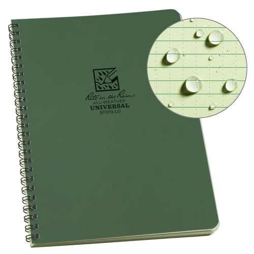 Rite in the Rain All-Weather Universal Spiral Notebook in green (No. 973-LG) with Wire-O binding, shown with a close-up inset of water droplets beading on the all-weather page