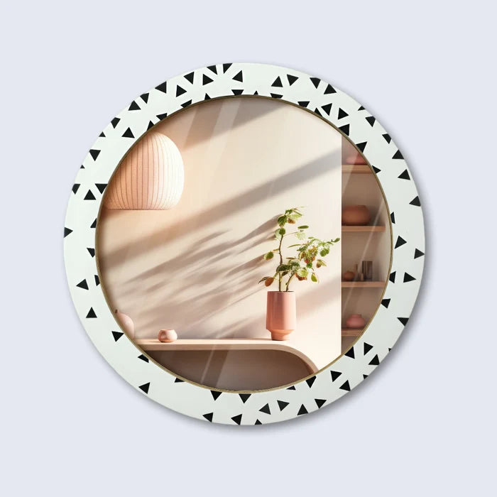 Handmade Round Black& white Geometric Triangle Pattern Wall Hanging Mirror Frame, 24" Dia