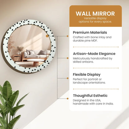 Round Black& white Geometric Triangle Pattern Wall Hanging Mirror Frame, 24" Dia