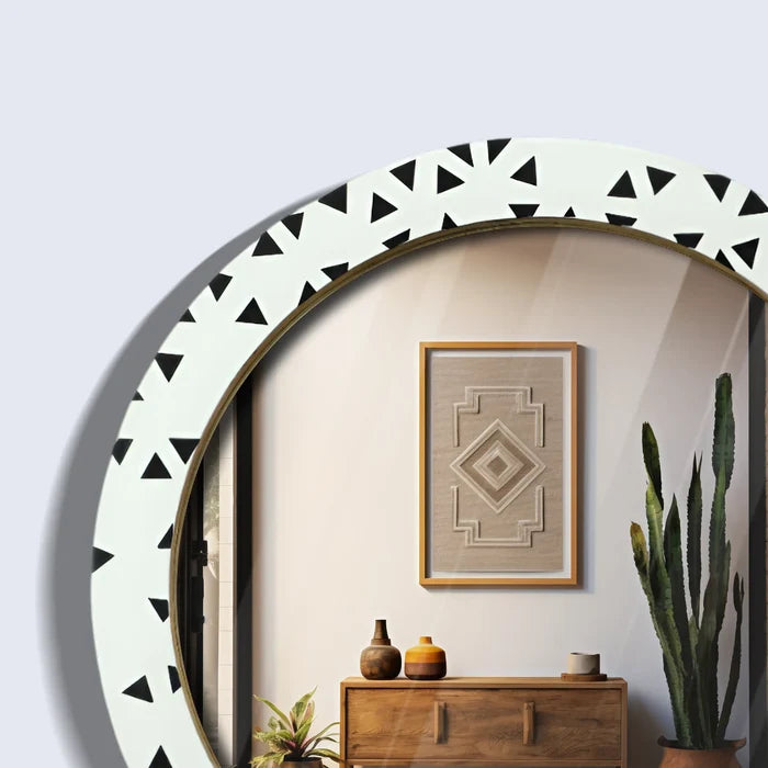 Round Black& white Geometric Triangle Pattern Wall Hanging Mirror Frame, 24" Dia
