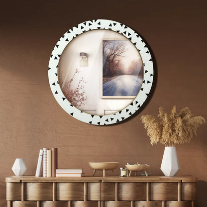 Round Black& white Geometric Triangle Pattern Wall Hanging Mirror Frame, 24" Dia
