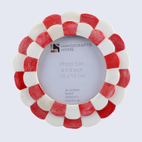 Handmade Round Picture Frame Scalloped Collection Bone Inlay Red 4x4, for tabletop or wall display