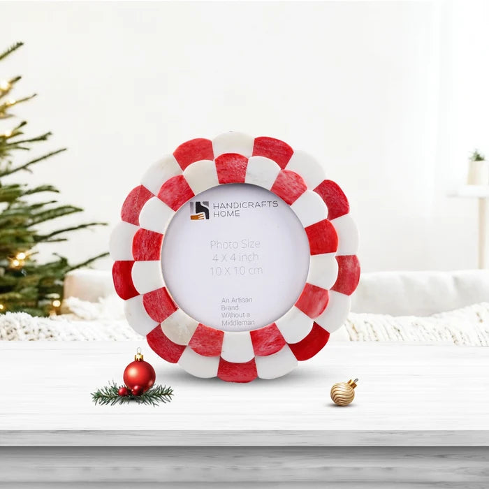 Round Picture Frame Scalloped Collection Bone Inlay Red 4x4
