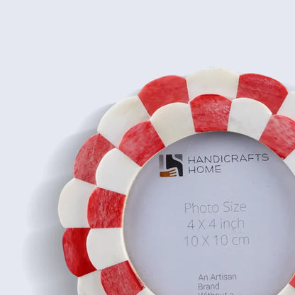 Round Picture Frame Scalloped Collection Bone Inlay Red 4x4