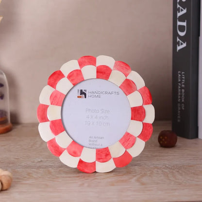 Round Picture Frame Scalloped Collection Bone Inlay Red 4x4