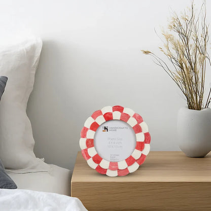 Round Picture Frame Scalloped Collection Bone Inlay Red 4x4