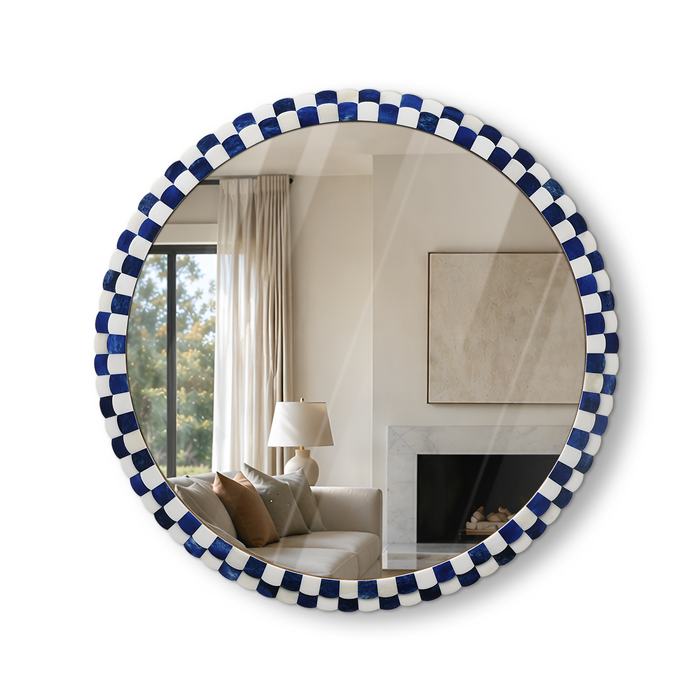 Handmade Round Scalloped Bone Inlay Mirror Frame, Blue & White, 18” Dia