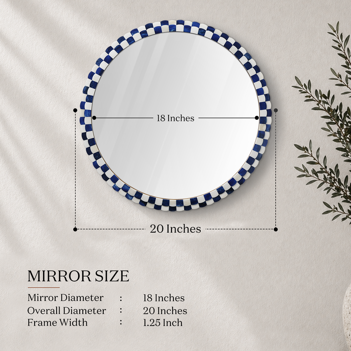 Round Scalloped Bone Inlay Mirror Frame, Blue & White, 18” Dia
