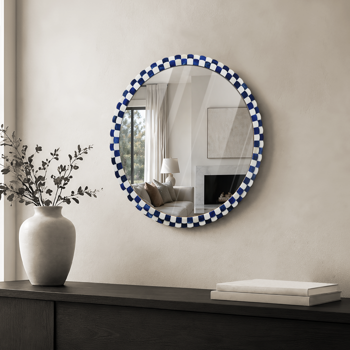 Round Scalloped Bone Inlay Mirror Frame, Blue & White, 18” Dia