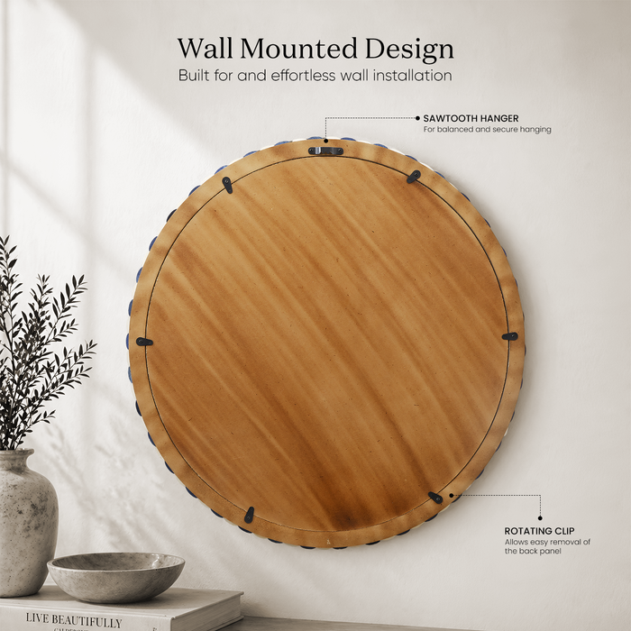 Round Scalloped Bone Inlay Mirror Frame, Blue & White, 18” Dia