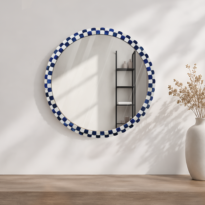 Round Scalloped Bone Inlay Mirror Frame, Blue & White, 18” Dia