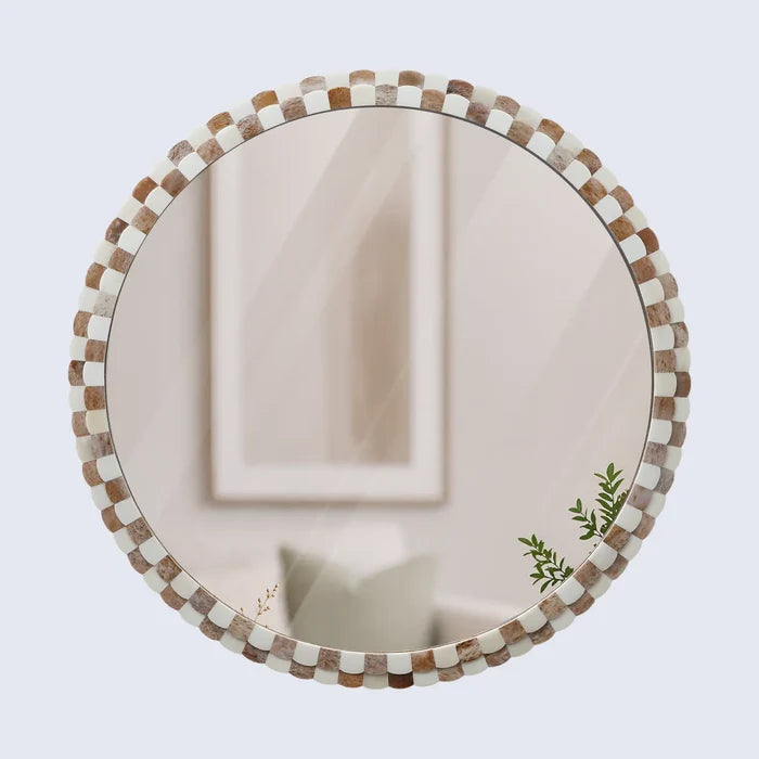 Handmade Round Scalloped Bone Inlay Mirror Frame, Brown & White, 18” x 18”