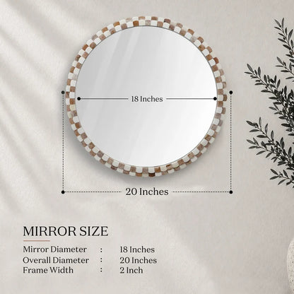 Round Scalloped Bone Inlay Mirror Frame, Brown & White, 18” x 18”
