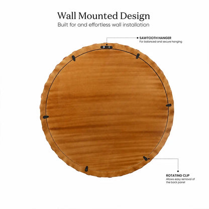 Round Scalloped Bone Inlay Mirror Frame, Brown & White, 18” x 18”