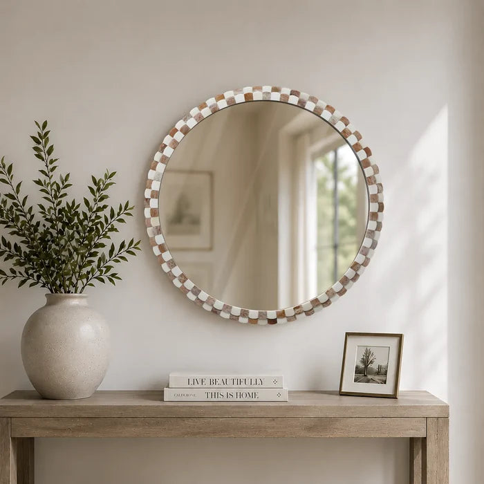 Round Scalloped Bone Inlay Mirror Frame, Brown & White, 18” x 18”