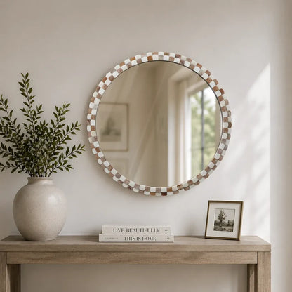 Round Scalloped Bone Inlay Mirror Frame, Brown & White, 18” x 18”