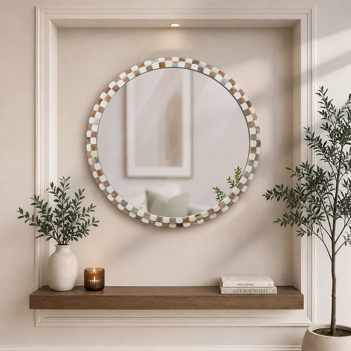 Round Scalloped Bone Inlay Mirror Frame, Brown & White, 18” x 18”