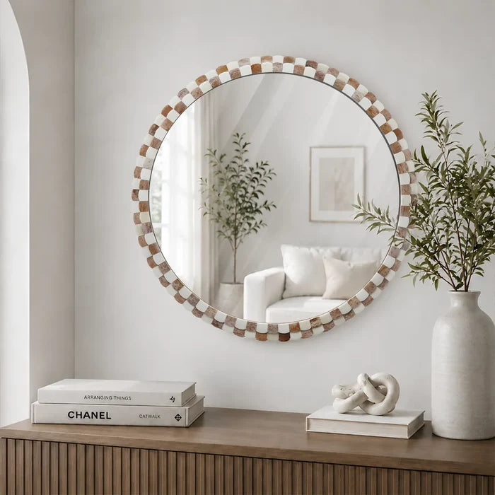 Round Scalloped Bone Inlay Mirror Frame, Brown & White, 18” x 18”