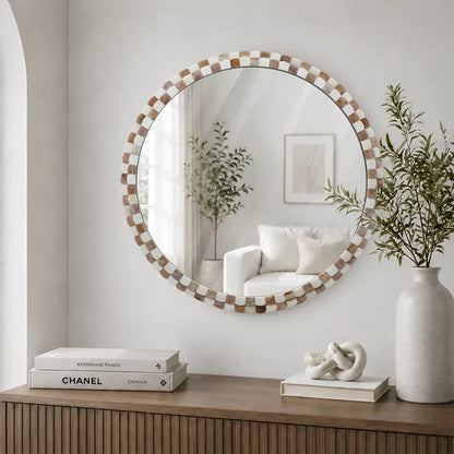 Round Scalloped Bone Inlay Mirror Frame, Brown & White, 18” x 18”