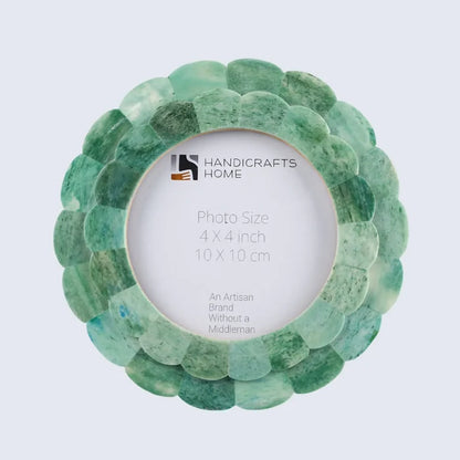 Handmade Scalloped Picture Frame - Green Bone Inlay - 4 In Round Photo Frame, for tabletop or wall display