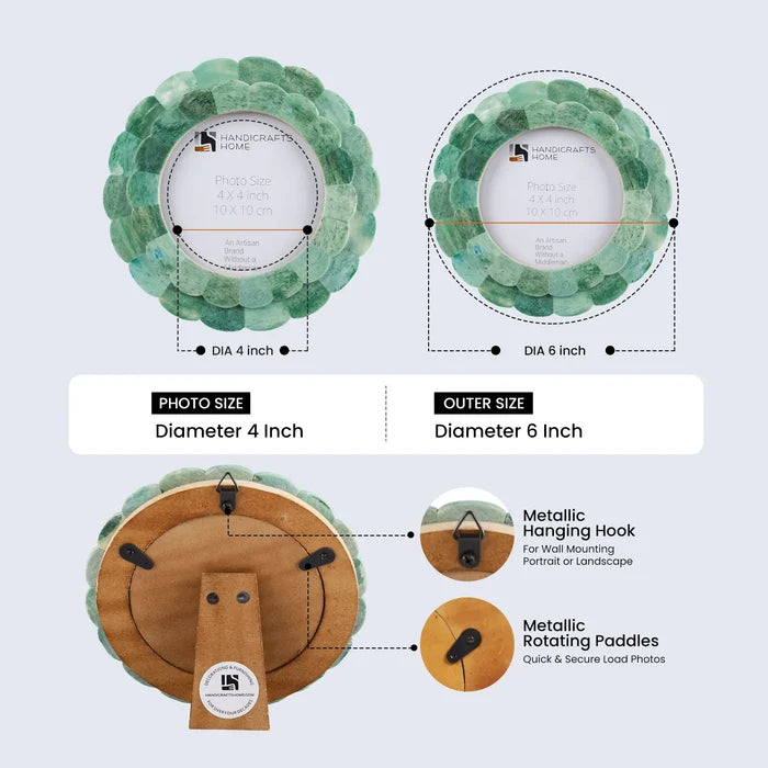 Scalloped Picture Frame | Green Bone Inlay | 4 In Round Photo Frame