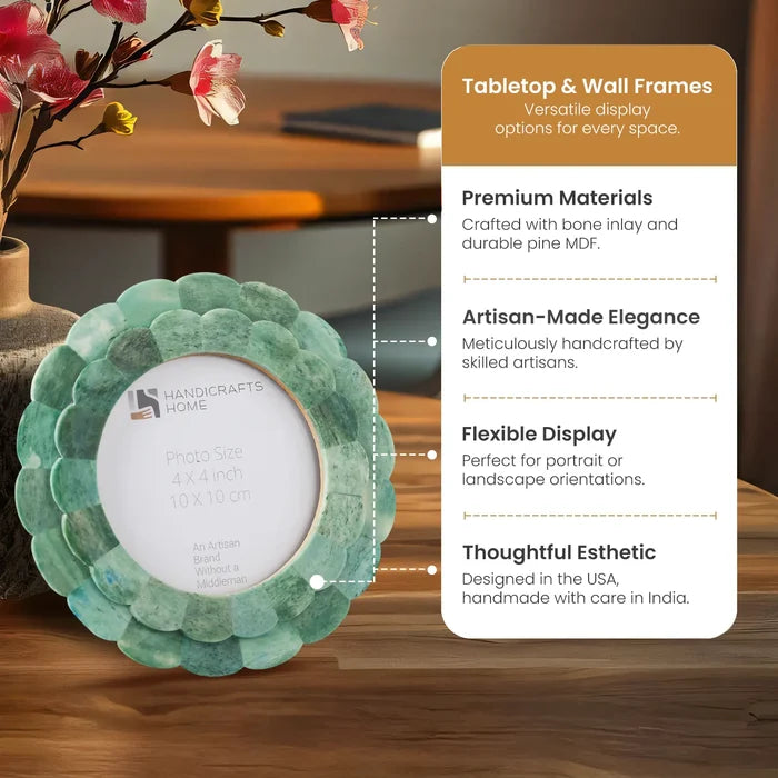 Scalloped Picture Frame | Green Bone Inlay | 4 In Round Photo Frame