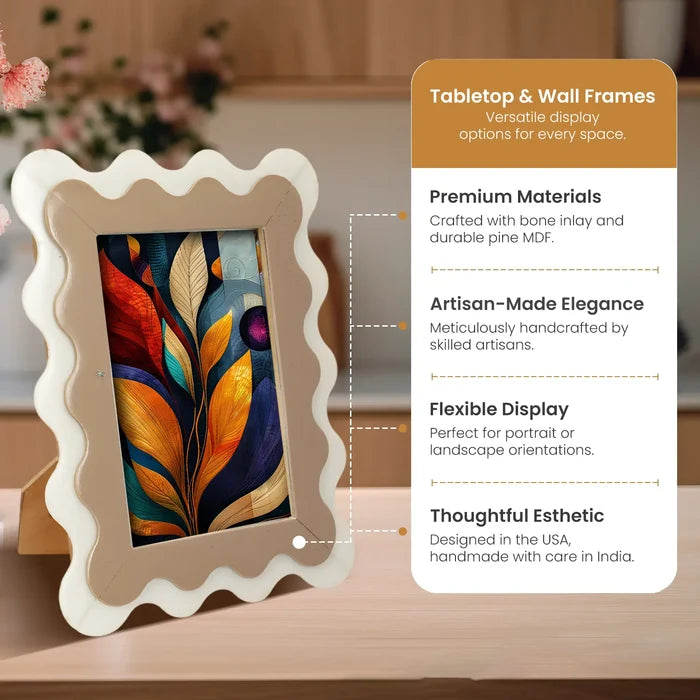 Handmade Scalloped Resin Inlay Picture Frame, Brown & White, for tabletop or wall display