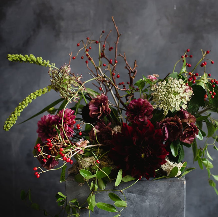 organic luxe floral subscription | Stacy K Floral | Dahlias, berries, branching, and more.