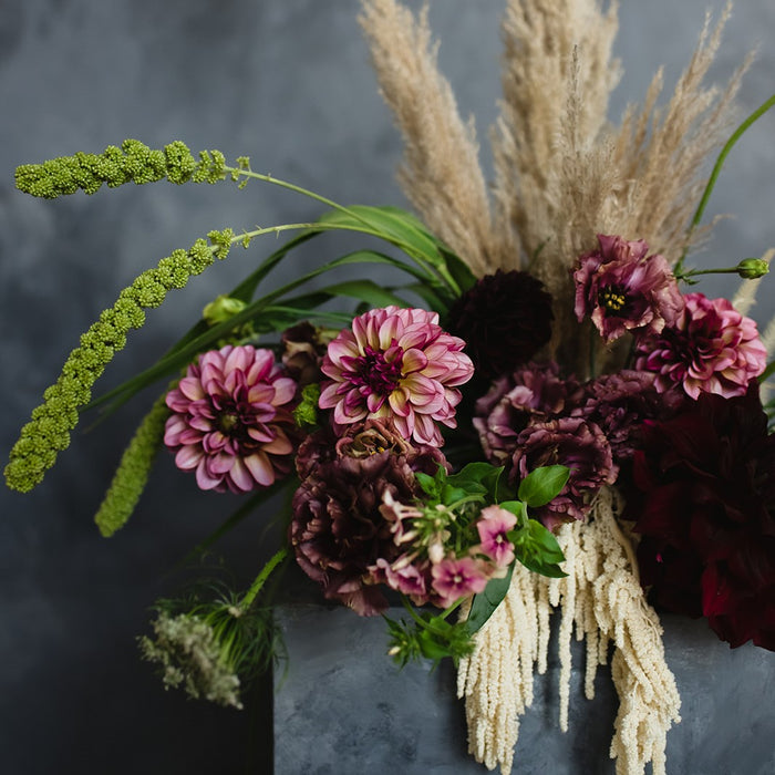 boho floral subscription | Stacy K Floral | Dahlias, pampas grass, bleached ameranthus, and more.