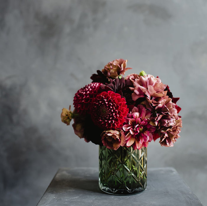 pave floral subscription | Stacy K Floral | Petite red and pink arrangment with dahlias and more.