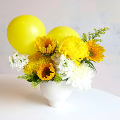 sunflowers, mums, stock with yellow balloons