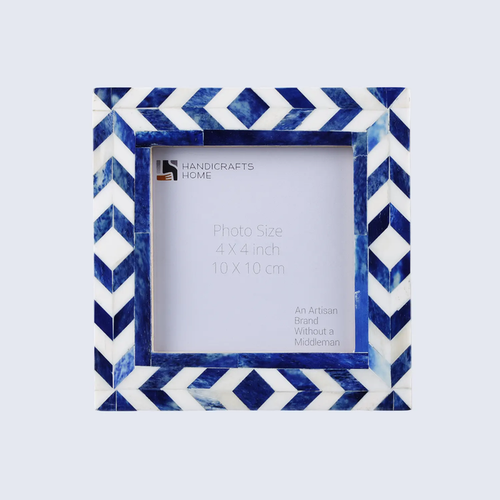 Handmade Taj Bone Inlay Picture Frame - Taj Chevron - 4x4 Blue White, for tabletop or wall display