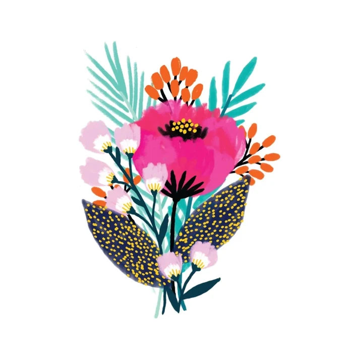 Tattly Tattoos | Pink, orange, and light pink flowers with teal blue ferns.