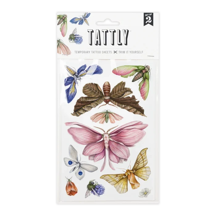 Tattly Tattoos | Temporary Tattoo Sheets | A set of illustrated moths. They are a mix of blue, brown, gray, green, pink, and yellow/gold.