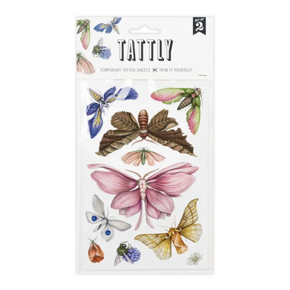 Tattly Tattoos | Temporary Tattoo Sheets | A set of illustrated moths. They are a mix of blue, brown, gray, green, pink, and yellow/gold.